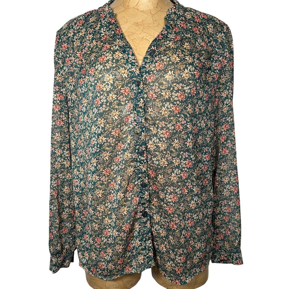 Chadwicks Floral Button Up Blouse Green Metallic Shimmer Sheer Top blouse fairy